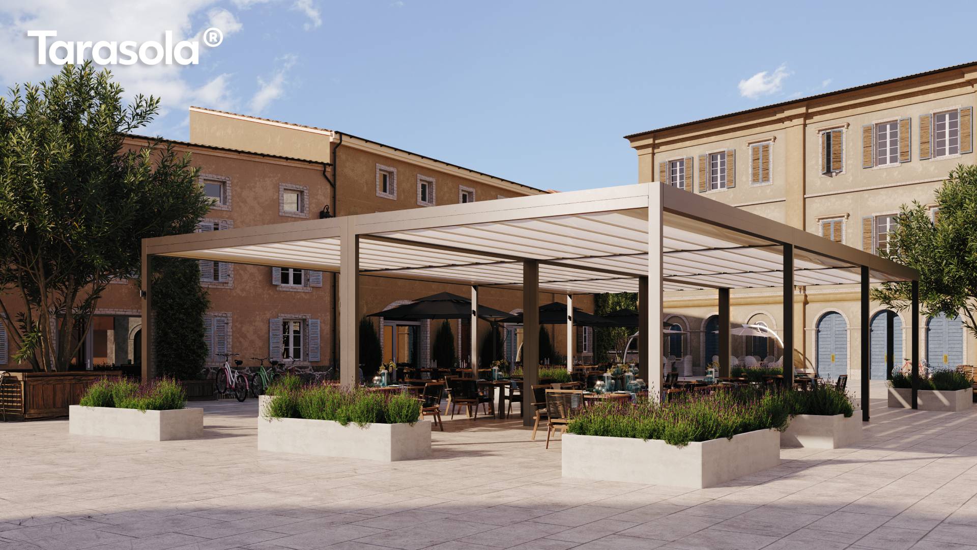 Tarasola Cubic ponyvás minimalista pergola vendéglátó teraszhoz