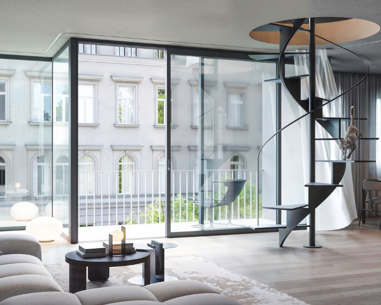 Solarlux Ecoline S /Highline S tolóajtó nagy üvegfelülettel egy modern, világos nappaliban, elegáns belső térrel és erkélykapcsolattal